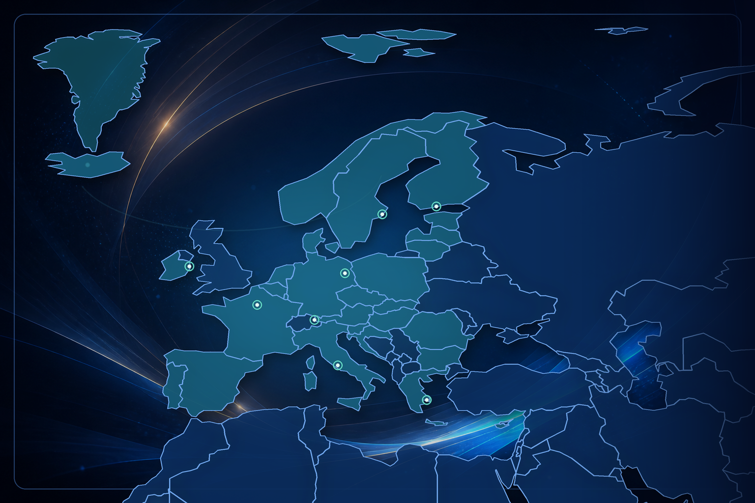Luminous outline map highlighting Europe, the United Kingdom, Ireland, Iceland, and Greenland in Skilltage's European-first visual