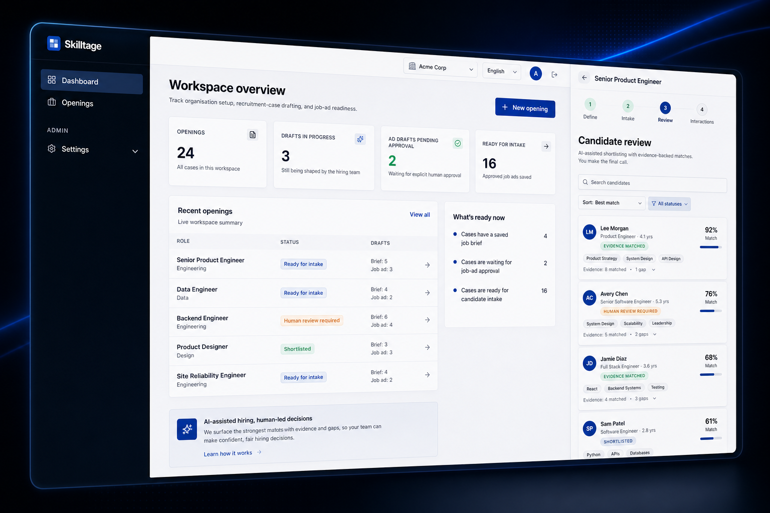 Skilltage workspace overview and candidate review interface showing an evidence-backed hiring workflow