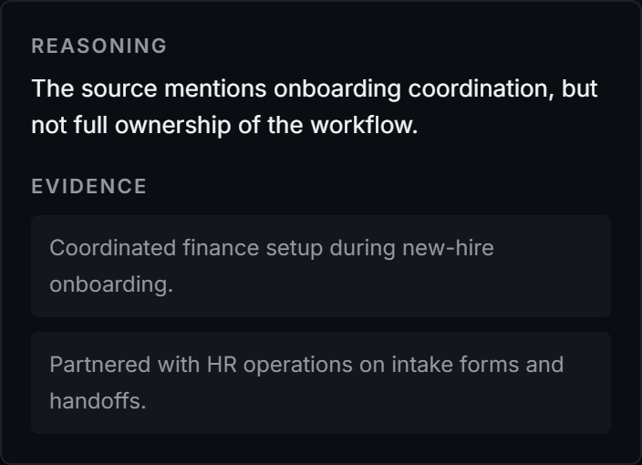Skilltage evidence popover showing reasoning and candidate evidence excerpts for a requirement
