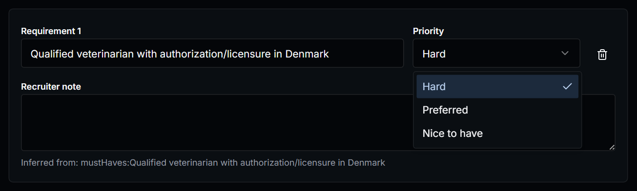 Skilltage structured requirements list showing hard, preferred, and nice-to-have priority examples